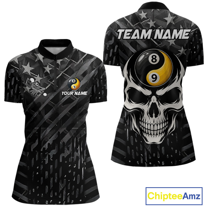 Black US Flag Skull Yin And Yang Custom Billiard Shirts For Women, 8 Ball & 9 Ball Pool Team Jersey TDM6531