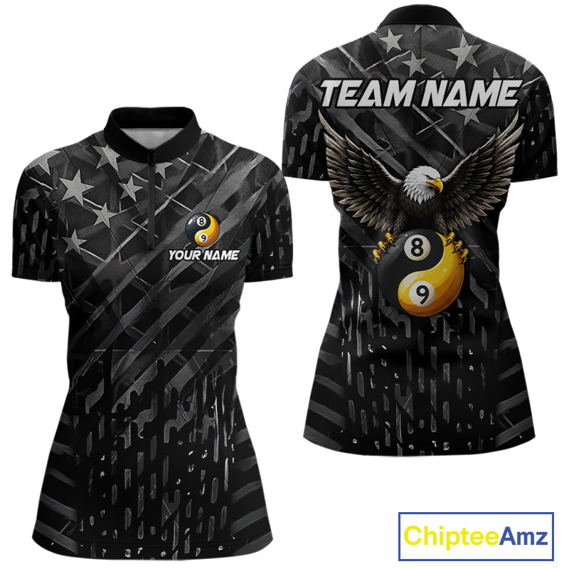 Black US Flag Yin And Yang Custom Eagle Billiard Shirts For Women, 8 Ball & 9 Ball Pool Team Jersey TDM6532