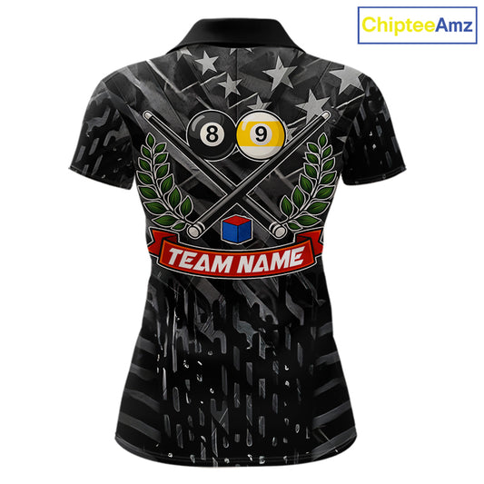Black US Flag 8 Ball & 9 Ball Pool Billiard Shirt For Women Custom Billiard Team Jersey Polo, 1/4 Zip TDM6533