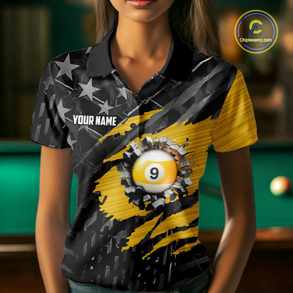 Yellow Black American Flag 9 Ball Pool Women's Billiard Shirt Custom Billiard Jersey Polo, 1/4 Zip TDM6534