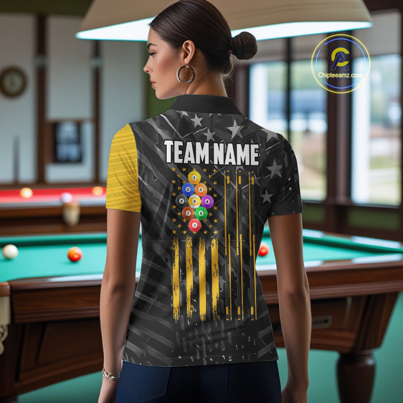Yellow Black American Flag 9 Ball Pool Women's Billiard Shirt Custom Billiard Jersey Polo, 1/4 Zip TDM6534