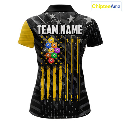 Yellow Black American Flag 9 Ball Pool Women's Billiard Shirt Custom Billiard Jersey Polo, 1/4 Zip TDM6534