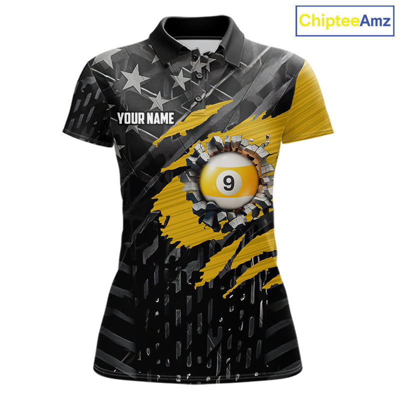 Yellow Black American Flag 9 Ball Pool Women's Billiard Shirt Custom Billiard Jersey Polo, 1/4 Zip TDM6534