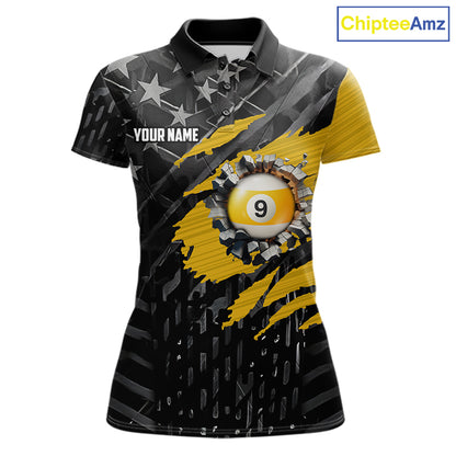 Yellow Black American Flag 9 Ball Pool Women's Billiard Shirt Custom Billiard Jersey Polo, 1/4 Zip TDM6534