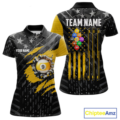Yellow Black American Flag 9 Ball Pool Women's Billiard Shirt Custom Billiard Jersey Polo, 1/4 Zip TDM6534