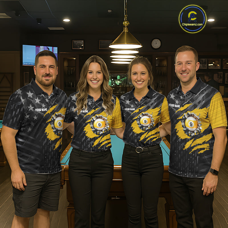 Yellow Black American Flag 9 Ball Pool Men's Billiard Shirt Custom Billiard Jersey Polo, 1/4 Zip TDM6534