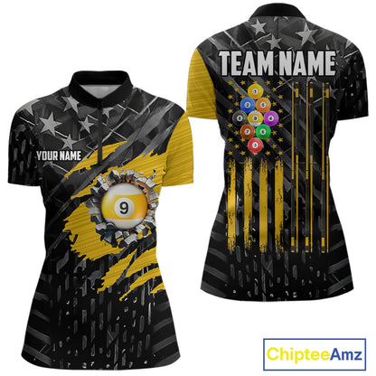 Yellow Black American Flag 9 Ball Pool Women's Billiard Shirt Custom Billiard Jersey Polo, 1/4 Zip TDM6534