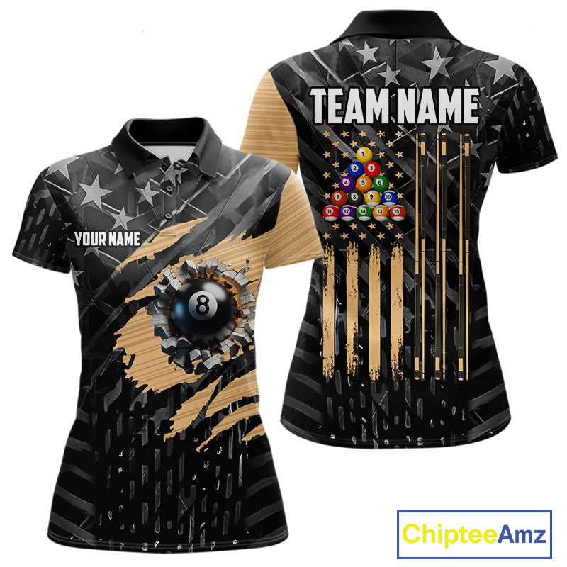 Black American Flag 8 Ball Billiard Shirt For Women Custom Billiard Team Jersey Polo & 1/4 Zip |Tan TDM6535