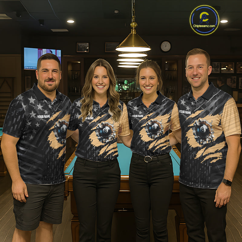 Black American Flag 8 Ball Billiard Shirt For Men Custom Billiard Team Jersey Polo & 1/4 Zip |Tan TDM6535