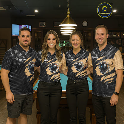 Black American Flag 8 Ball Billiard Shirt For Men Custom Billiard Team Jersey Polo & 1/4 Zip |Tan TDM6535