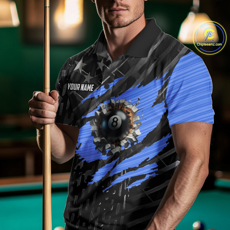 Black American Flag 8 Ball Billiard Shirt For Men Custom Billiard Team Jersey Polo & 1/4 Zip |Blue TDM6536