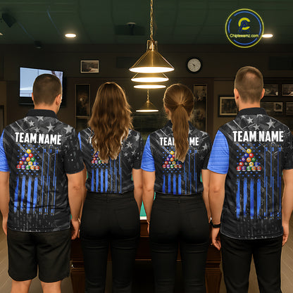 Black American Flag 8 Ball Billiard Shirt For Men Custom Billiard Team Jersey Polo & 1/4 Zip |Blue TDM6536