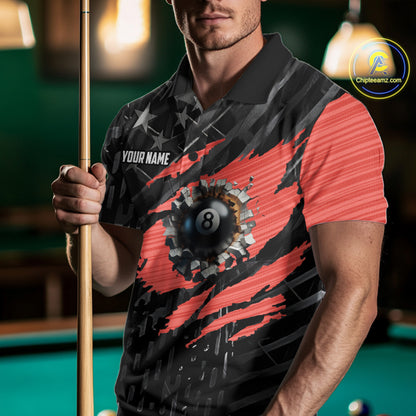 Black American Flag 8 Ball Billiard Shirt For Men Custom Billiard Team Jersey Polo & 1/4 Zip |Red TDM6537