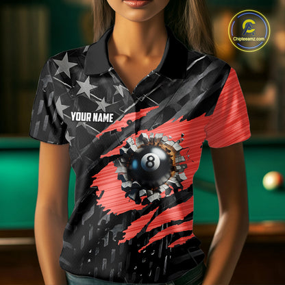 Black American Flag 8 Ball Billiard Shirt For Women Custom Billiard Team Jersey Polo & 1/4 Zip |Red TDM6537