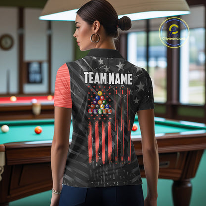 Black American Flag 8 Ball Billiard Shirt For Women Custom Billiard Team Jersey Polo & 1/4 Zip |Red TDM6537