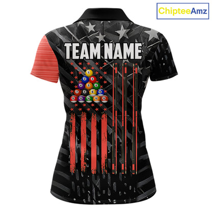 Black American Flag 8 Ball Billiard Shirt For Women Custom Billiard Team Jersey Polo & 1/4 Zip |Red TDM6537