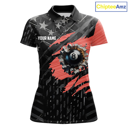 Black American Flag 8 Ball Billiard Shirt For Women Custom Billiard Team Jersey Polo & 1/4 Zip |Red TDM6537