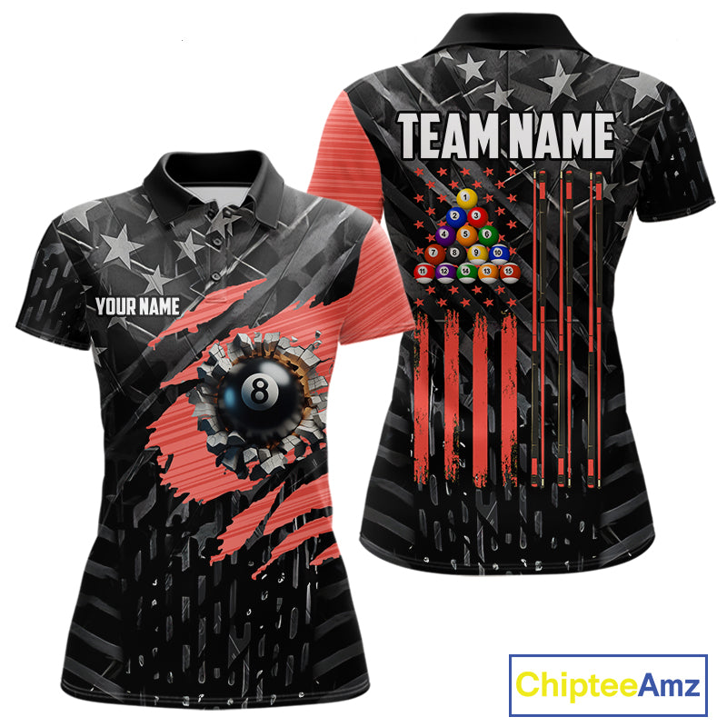 Black American Flag 8 Ball Billiard Shirt For Women Custom Billiard Team Jersey Polo & 1/4 Zip |Red TDM6537