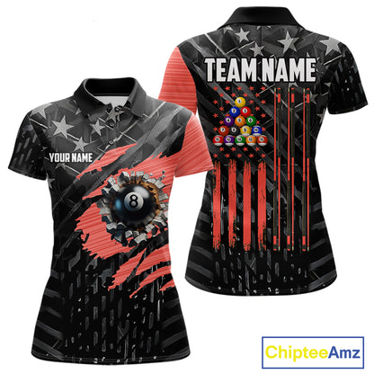 Black American Flag 8 Ball Billiard Shirt For Women Custom Billiard Team Jersey Polo & 1/4 Zip |Red TDM6537