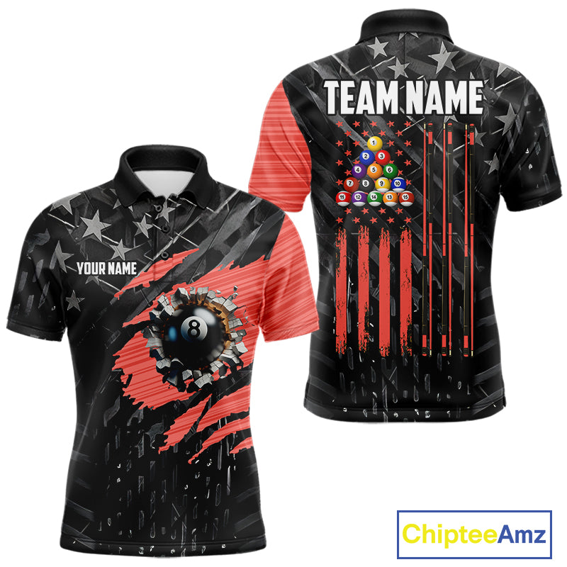 Black American Flag 8 Ball Billiard Shirt For Men Custom Billiard Team Jersey Polo & 1/4 Zip |Red TDM6537