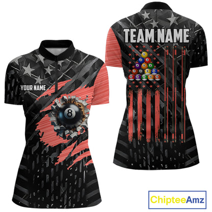 Black American Flag 8 Ball Billiard Shirt For Women Custom Billiard Team Jersey Polo & 1/4 Zip |Red TDM6537
