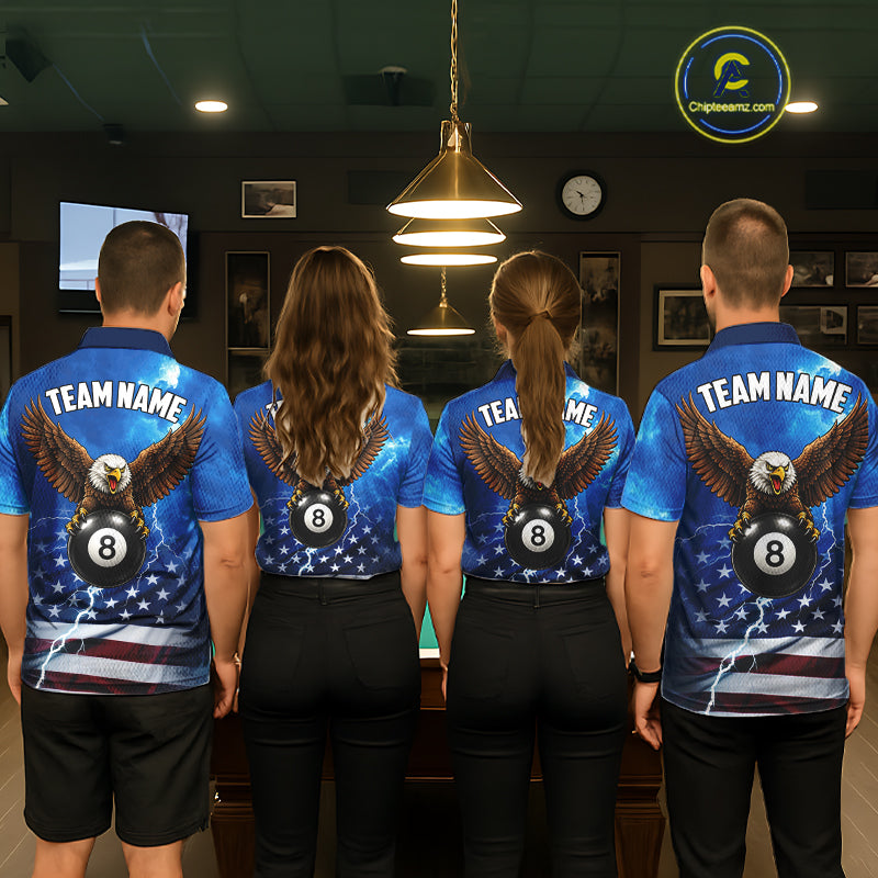 Blue Lightning American Flag Eagle Billiard Shirts For Men Custom 8 Ball Pool Jersey Polo, 1/4 Zip TDM6538
