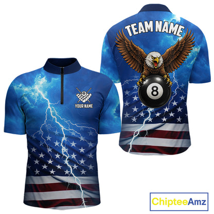 Blue Lightning American Flag Eagle Billiard Shirts For Men Custom 8 Ball Pool Jersey Polo, 1/4 Zip TDM6538