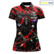 Load image into Gallery viewer, Red grim reaper lightning 8 ball billiard polo shirt for women with custom pool team graphics.