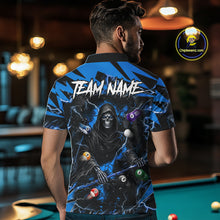 Load image into Gallery viewer, Back view of man wearing a blue grim reaper lightning 8 ball pool shirt in a billiards hall.
