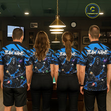 Load image into Gallery viewer, Back view of pool players wearing matching blue grim reaper billiard shirts in a game room.