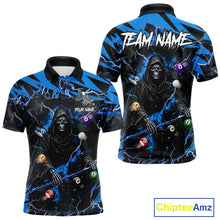 Load image into Gallery viewer, Blue grim reaper lightning 8 ball billiard polo shirt for men with custom pool team graphics.