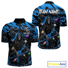 Load image into Gallery viewer, Blue grim reaper lightning 8 ball billiard quarter zip shirt for men designed for league tournaments and team events.