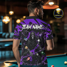 Load image into Gallery viewer, Back view of man wearing a purple grim reaper lightning 8 ball pool shirt in a billiards hall.
