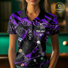 Load image into Gallery viewer, Woman wearing a purple grim reaper lightning 8 ball billiard jersey beside a pool table front view.