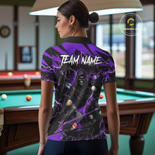 Load image into Gallery viewer, Back view of woman wearing a purple grim reaper lightning 8 ball pool shirt in a billiards hall.
