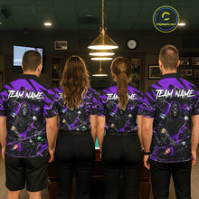Load image into Gallery viewer, Back view of pool players wearing matching purple grim reaper billiard shirts in a game room.