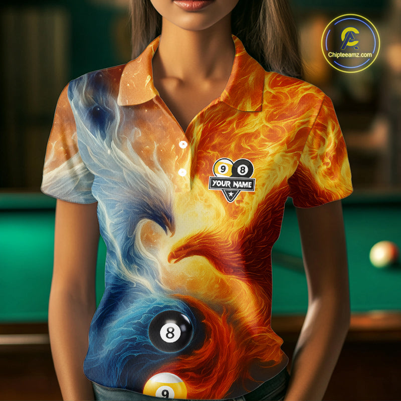 Personalized Water Fire Phoenix Yin Yang 8&9 Ball Billiard Shirt For Women, Billiard Team Jerseys TDM4372