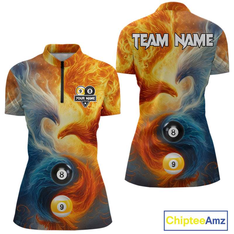 Personalized Water Fire Phoenix Yin Yang 8&9 Ball Billiard Shirt For Women, Billiard Team Jerseys TDM4372