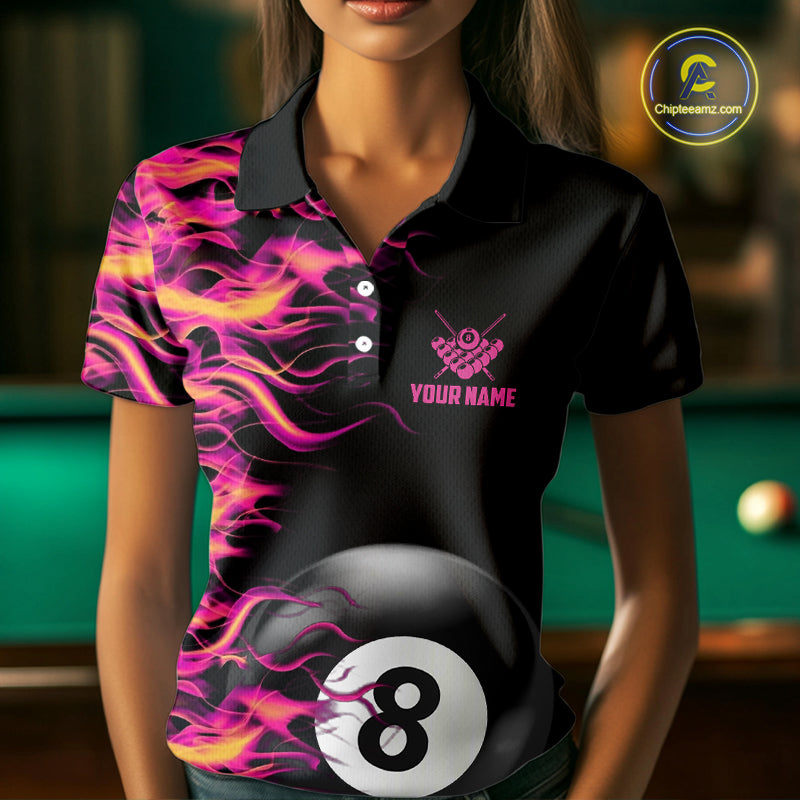 Pink Fire Flame 8 Ball Pool Billiard Shirt For Women Custom Billiard Team Jersey Polo & 1/4 Zip TDM4376