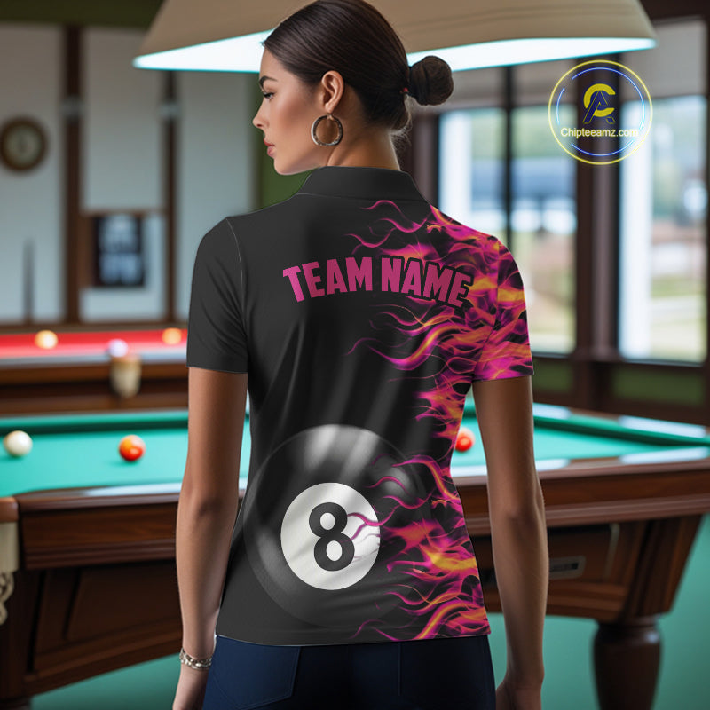 Pink Fire Flame 8 Ball Pool Billiard Shirt For Women Custom Billiard Team Jersey Polo & 1/4 Zip TDM4376