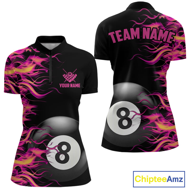 Pink Fire Flame 8 Ball Pool Billiard Shirt For Women Custom Billiard Team Jersey Polo & 1/4 Zip TDM4376