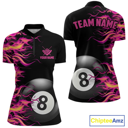 Pink Fire Flame 8 Ball Pool Billiard Shirt For Women Custom Billiard Team Jersey Polo & 1/4 Zip TDM4376