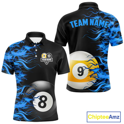 Blue Flaming 8 Ball & 9 Ball Billiard Shirt For Men Custom Pool Team Jersey Polo & 1/4 Zip TDM4377