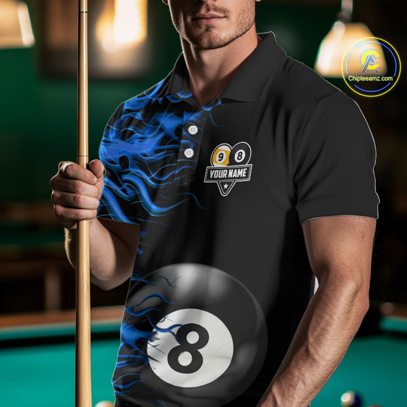 Blue Flaming 8 Ball & 9 Ball Billiard Shirt For Men Custom Pool Team Jersey Polo & 1/4 Zip TDM4377