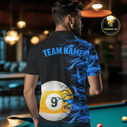 Blue Flaming 8 Ball & 9 Ball Billiard Shirt For Men Custom Pool Team Jersey Polo & 1/4 Zip TDM4377
