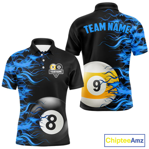 Blue Flaming 8 Ball & 9 Ball Billiard Shirt For Men Custom Pool Team Jersey Polo & 1/4 Zip TDM4377