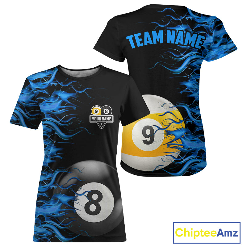 Blue Flaming 8 Ball & 9 Ball Billiard T-Shirt For Women Custom Pool Team Jersey TDM4377