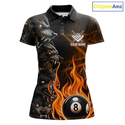 Personalized Orange Wolf Flaming 8 Ball Pool Fire Billiard Polo Shirt Designed for Women's Pool League Players and Custom Team Competition