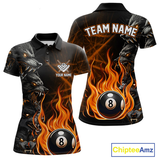 Custom Orange Wolf Flaming 8 Ball Pool Fire Polo Shirt Created for Personalized Women's Billiard Team Jerseys and Tournament Play