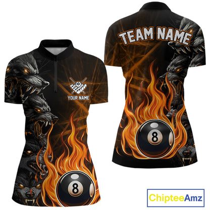 Personalized Orange Wolf Flaming 8 Ball Pool Fire Quarter Zip Billiard Shirt with Custom Women's Pool League Team Design